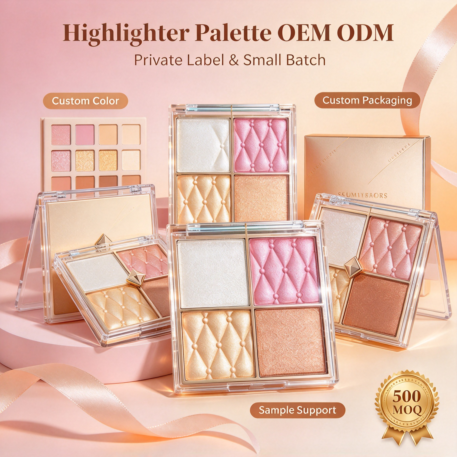 Whybeauty 4 Grid Highlighter Palette Champagne Rose Bronze Shimmer Powder Transparent Case Private Label OEM ODM Cosmetic