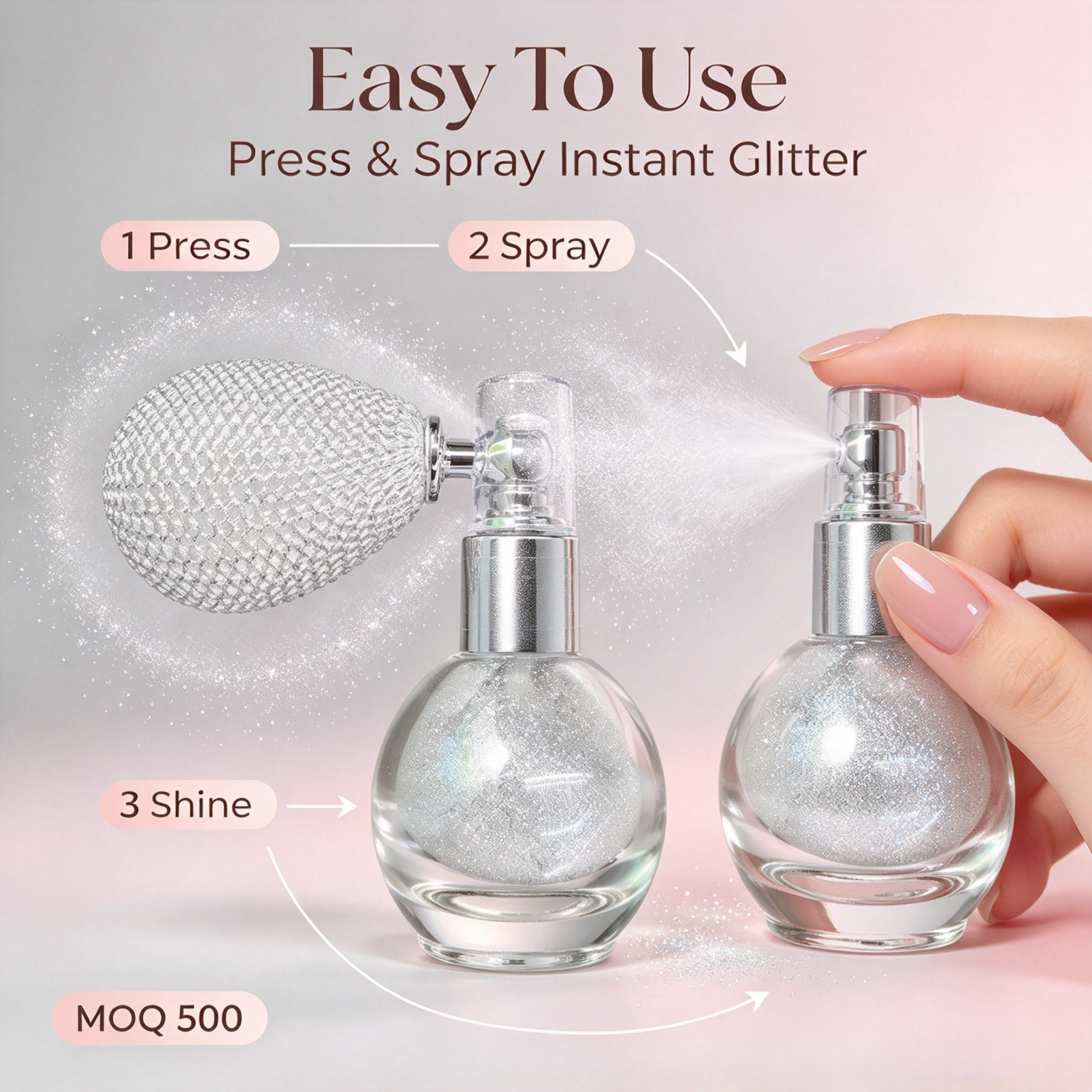 Private Label Glitter Spray Body Shimmer Spray Press & Spray Instant Glitter Long Lasting Makeup OEM ODM With GMPC MSDS Halal Certification