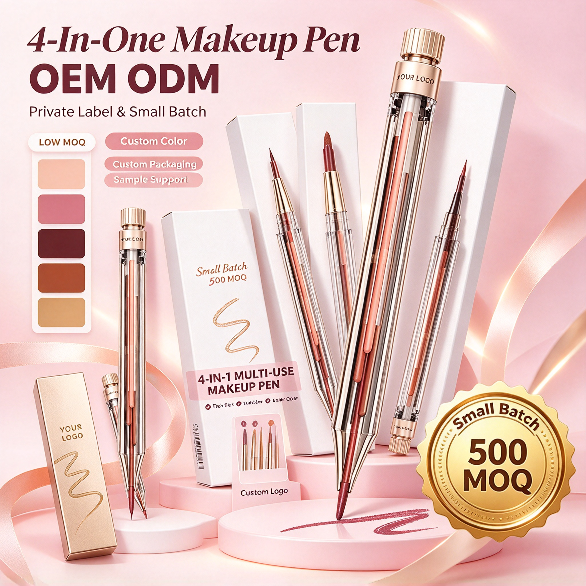 Private Label 4 Colors In One Lip Liner Pen Multi Shades Lip Pencil Waterproof Long Lasting Vegan With ISO GMPC MSDS Halal Custom Cosmetic OEM ODM Small Batch MOQ500