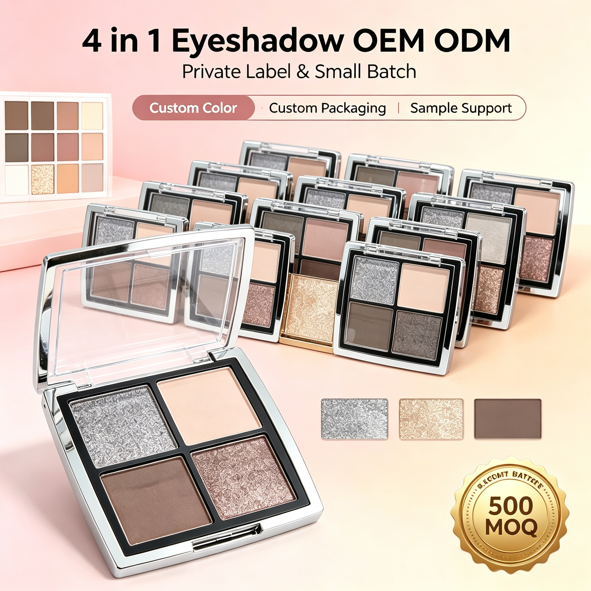 Private Label 4 Shades Eyeshadow Palette, Matte & Glitter Shimmer Eye Shadow, Buildable Pigment Eyeshadow, Vegan Cruelty Free, ISO GMPC MSDS Halal, OEM ODM Small Batch MOQ500