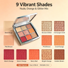 Private Label 9 Shades Eyeshadow Palette, Nude Orange Glitter Mix Eye Makeup, High Pigment Easy To Blend Buildable Color, Vegan Cruelty Free, ISO GMPC MSDS Halal, OEM ODM Small Batch MOQ500