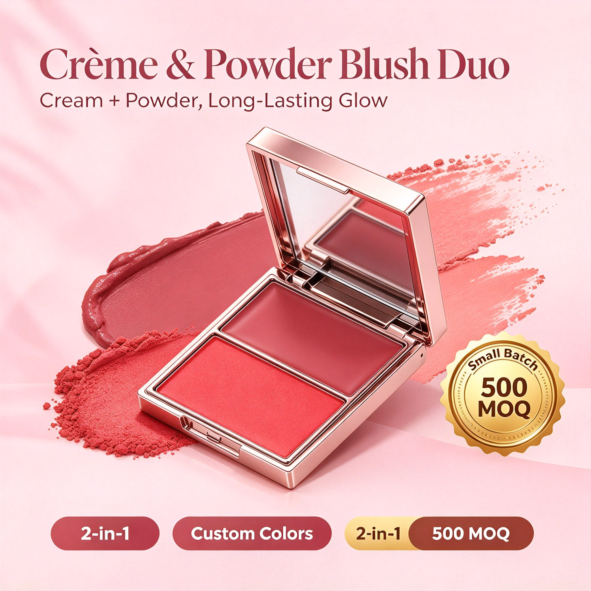 Private Label 2 in 1 Creme & Powder Blush, Buildable Color Smooth Finish Cheek Blush Palette, Vegan Cruelty Free, ISO GMPC MSDS Halal Certified, OEM ODM Small Batch Custom Makeup MOQ500
