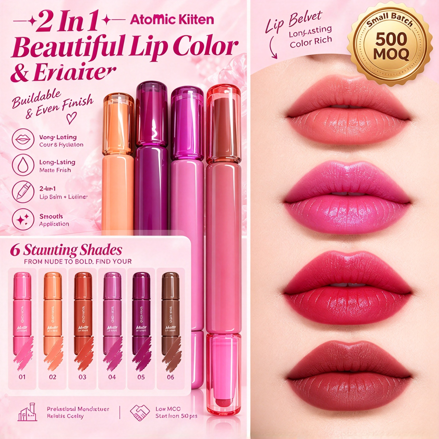 Rivate Label 2 In 1 Lipstick Lip Liner Set 6 Colors Matte Velvet Lip Balm Double End Lip Pencil Long Lasting Waterproof Custom Logo Cosmetic OEM ODM with GMPC MSDS Halal Certificate
