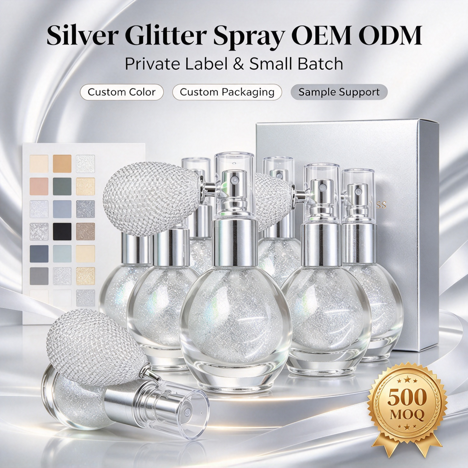Private Label Glitter Spray Body Shimmer Spray Press & Spray Instant Glitter Long Lasting Makeup OEM ODM With GMPC MSDS Halal Certification