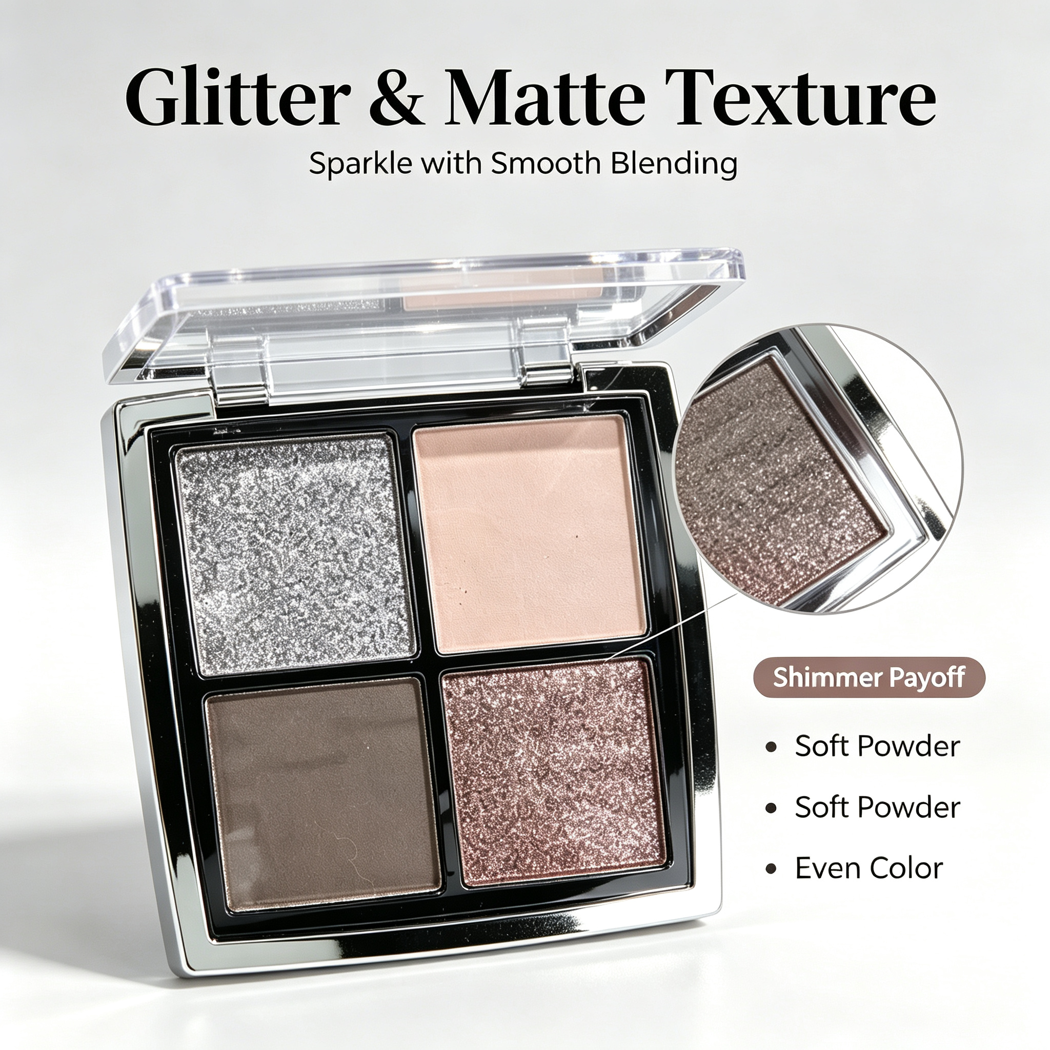 Private Label 4 Shades Eyeshadow Palette, Matte & Glitter Shimmer Eye Shadow, Buildable Pigment Eyeshadow, Vegan Cruelty Free, ISO GMPC MSDS Halal, OEM ODM Small Batch MOQ500