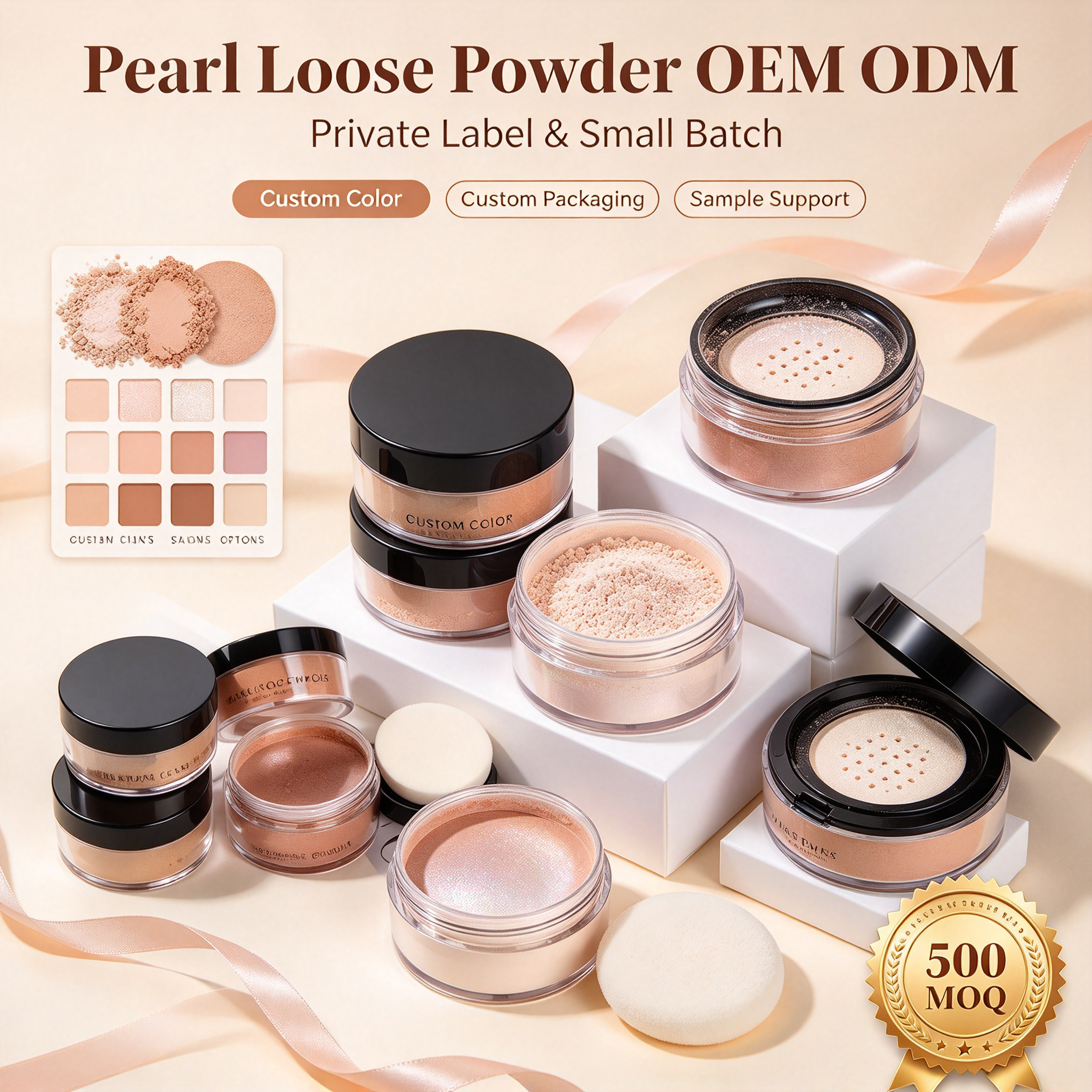 W HY-BEAUTY Private Label Translucent Loose Setting Powder, Oil Control Waterproof Long Lasting Matte Makeup Powder, ISO GMPC MSDS Halal Certified, OEM ODM Custom Logo, MOQ 500