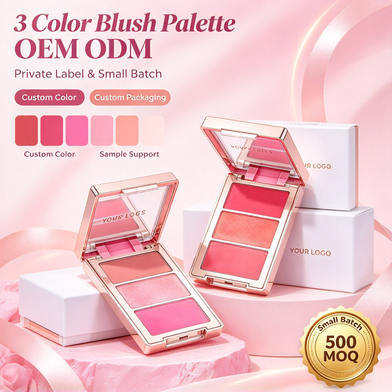 Whybeauty 3 Shades Blush Palette Soft Buildable Powder Blush Rose Gold Case With Mirror Private Label OEM ODM Cosmetic