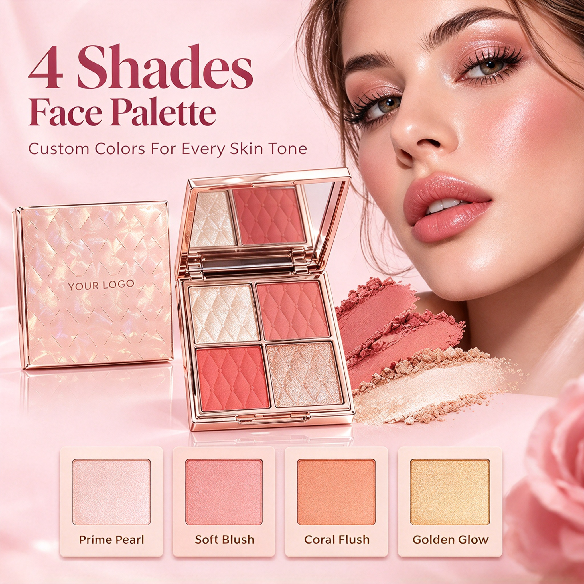 Private Label 4-in-1 Face Palette, Prime Blush Contour & Glow Makeup Palette, Matte & Shimmer Buildable Powder, Vegan Cruelty Free, ISO GMPC MSDS Halal, OEM ODM Small Batch MOQ500