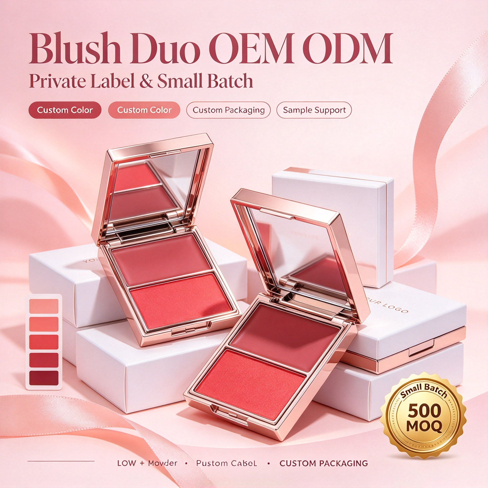 Private Label 2 in 1 Creme & Powder Blush, Buildable Color Smooth Finish Cheek Blush Palette, Vegan Cruelty Free, ISO GMPC MSDS Halal Certified, OEM ODM Small Batch Custom Makeup MOQ500