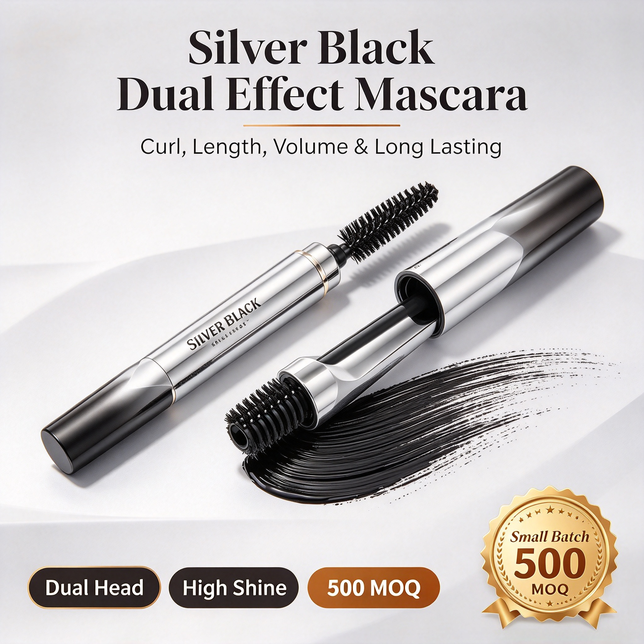 OEM ODM 24H Double Layer Fiber Mascara, Waterproof Sweatproof Lengthening Curling Volumizing Mascara, Vegan Friendly, GMPC MSDS Halal Certified Private Label Mascara