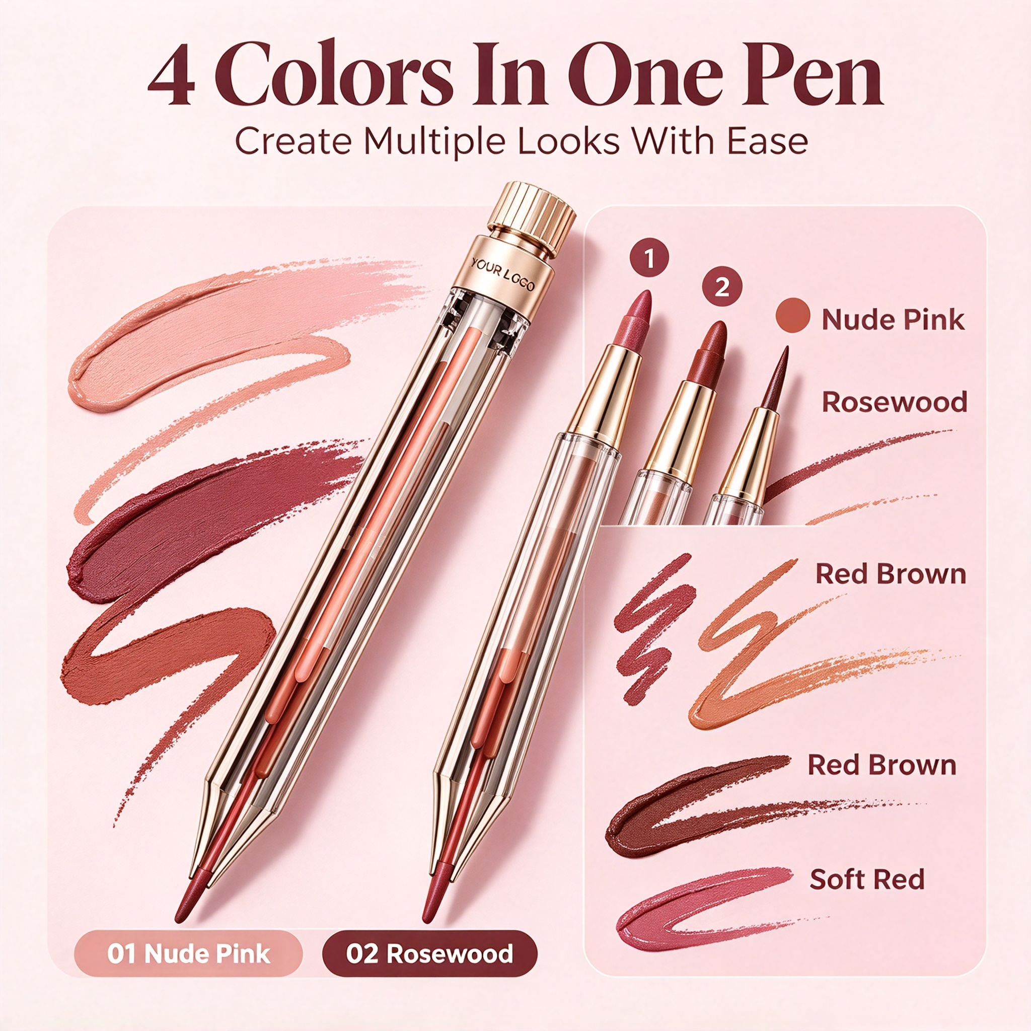 Whybeauty 4 In 1 Multi-function Makeup Pen Eyebrow Pencil Eyeliner Lip Liner Highlighter Private Label OEM ODM