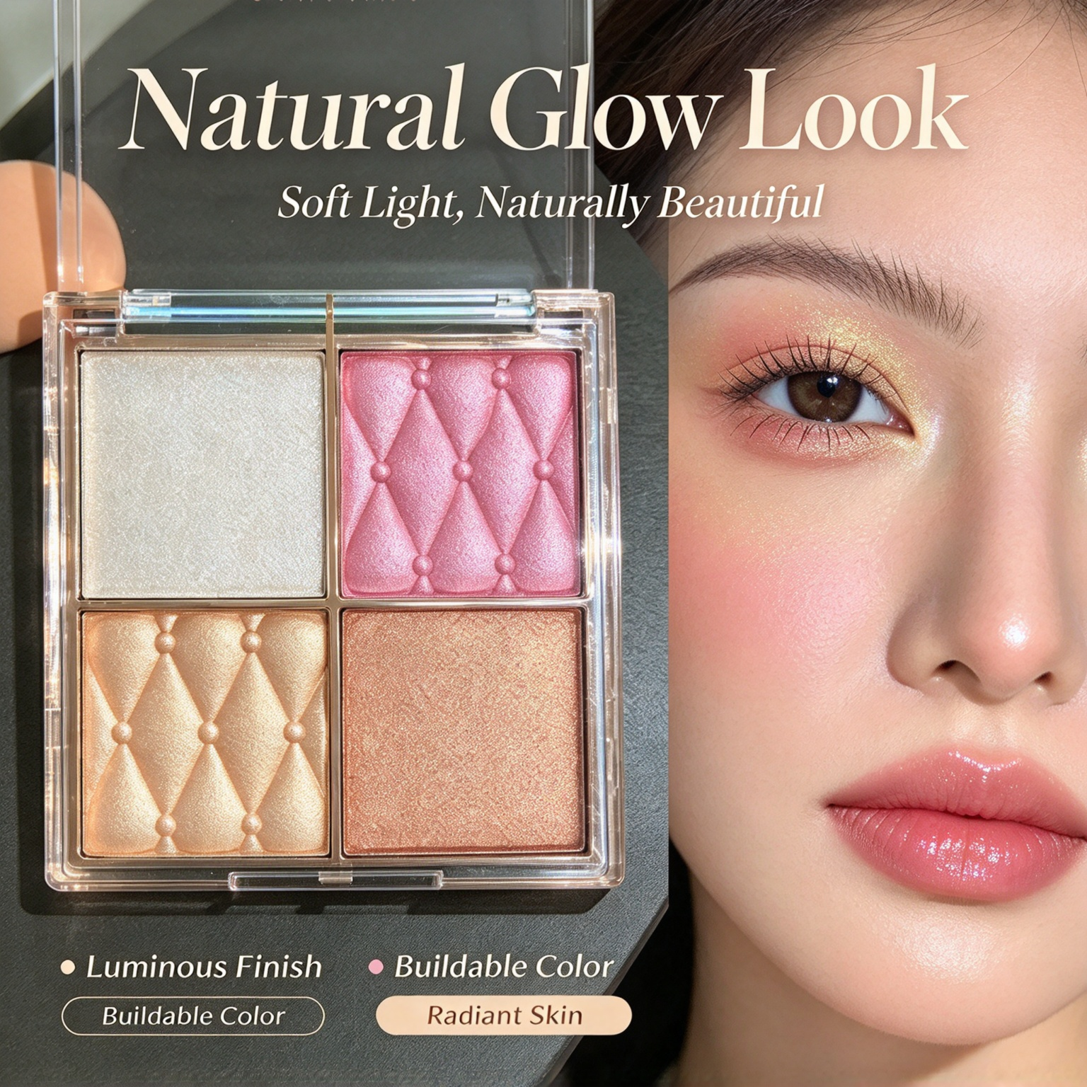 Whybeauty 4 Grid Highlighter Palette Champagne Rose Bronze Shimmer Powder Transparent Case Private Label OEM ODM Cosmetic