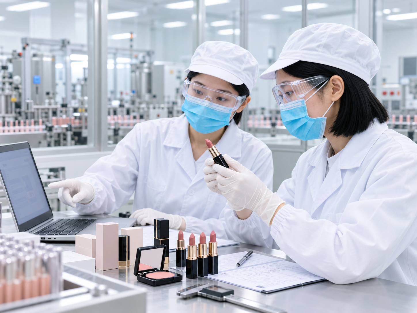 Technicians inspecting lipstick samples for quality control at MetaVerse Cosmetics Factory, an OEM/ODM cosmetics manufacturer.