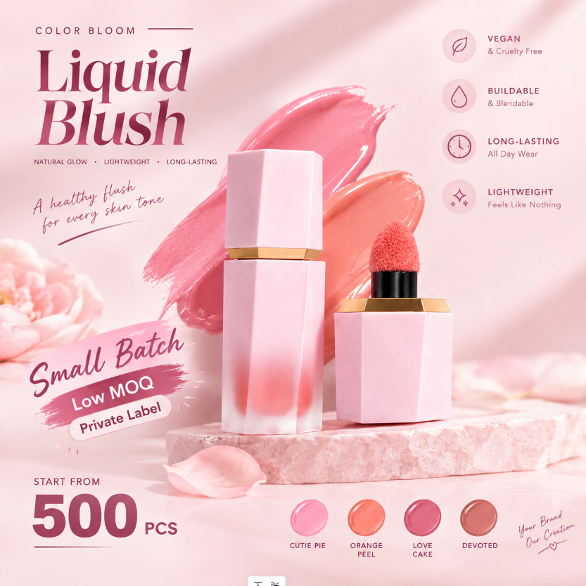 Private Label Liquid Blush, Multi Shade Cheek Tint, Natural Glow Smooth Buildable Liquid Blush, Vegan Cruelty Free, ISO GMPC MSDS Halal, OEM ODM Small Batch MOQ500