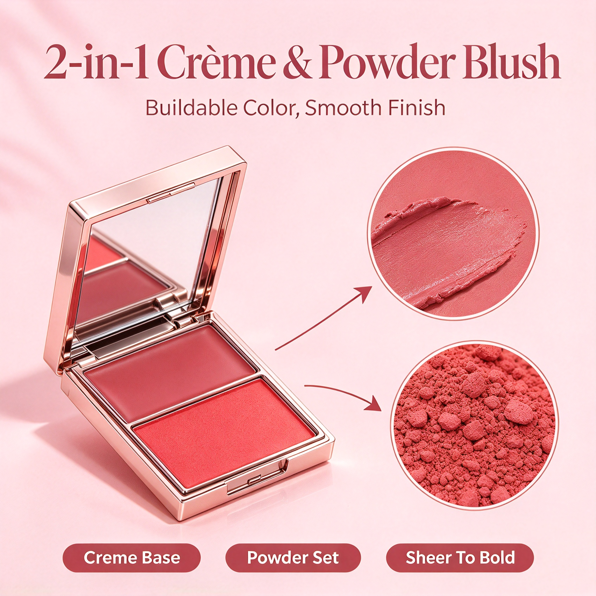 Private Label 2 in 1 Creme & Powder Blush, Buildable Color Smooth Finish Cheek Blush Palette, Vegan Cruelty Free, ISO GMPC MSDS Halal Certified, OEM ODM Small Batch Custom Makeup MOQ500