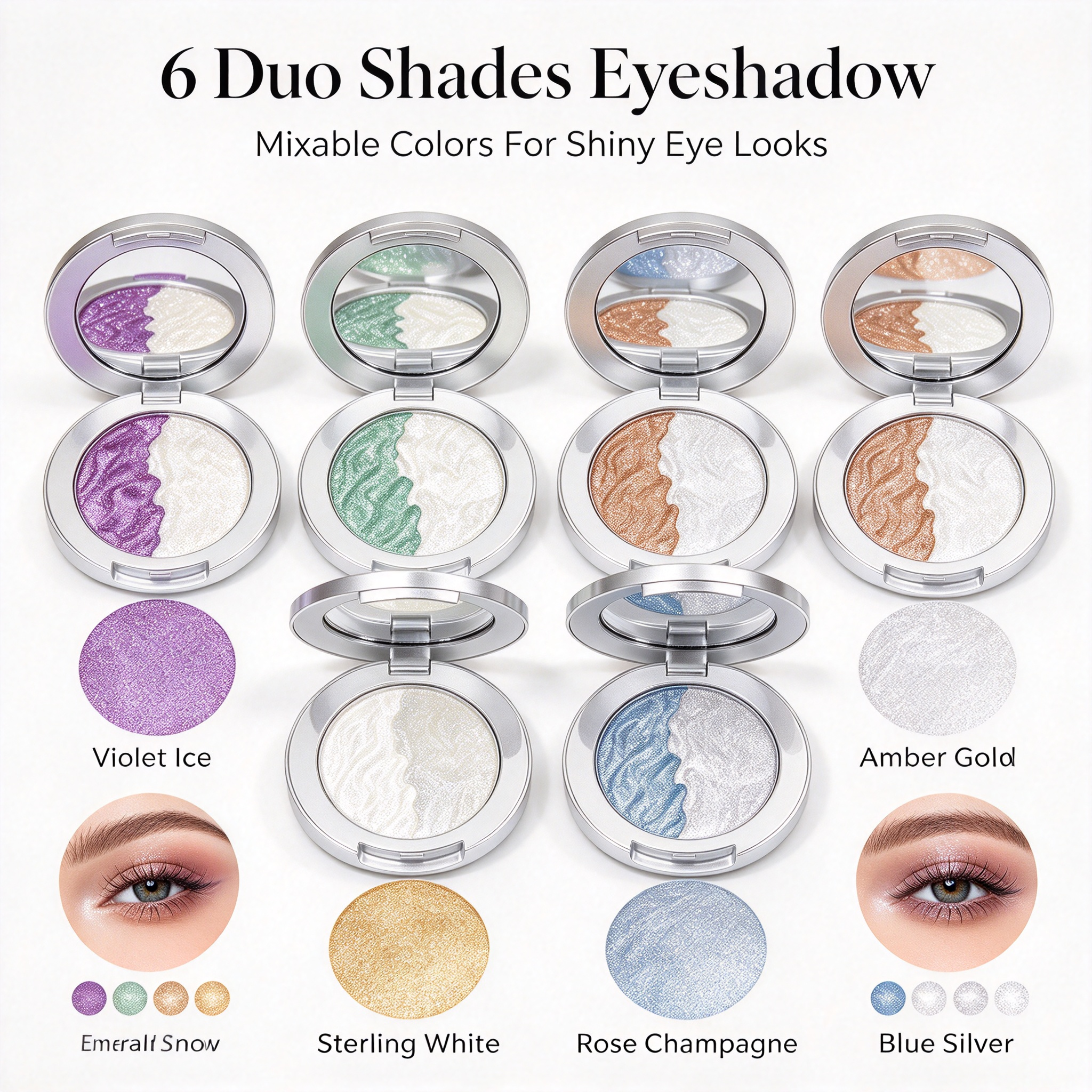 Private Label Dual Color Baked Eyeshadow, Shimmer Highlight Powder, Waterproof Long Lasting, Custom Logo, Vegan Cruelty Free, ISO GMPC MSDS Halal, OEM ODM Small Batch MOQ500