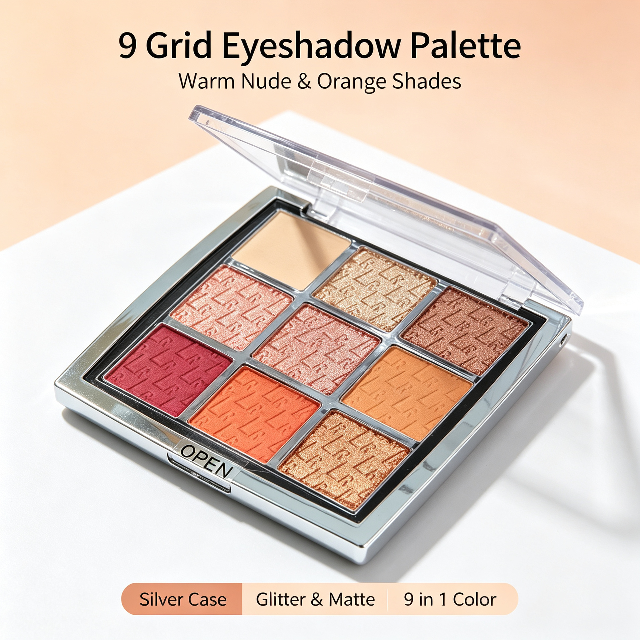 Private Label 9 Shades Eyeshadow Palette, Nude Orange Glitter Mix Eye Makeup, High Pigment Easy To Blend Buildable Color, Vegan Cruelty Free, ISO GMPC MSDS Halal, OEM ODM Small Batch MOQ500