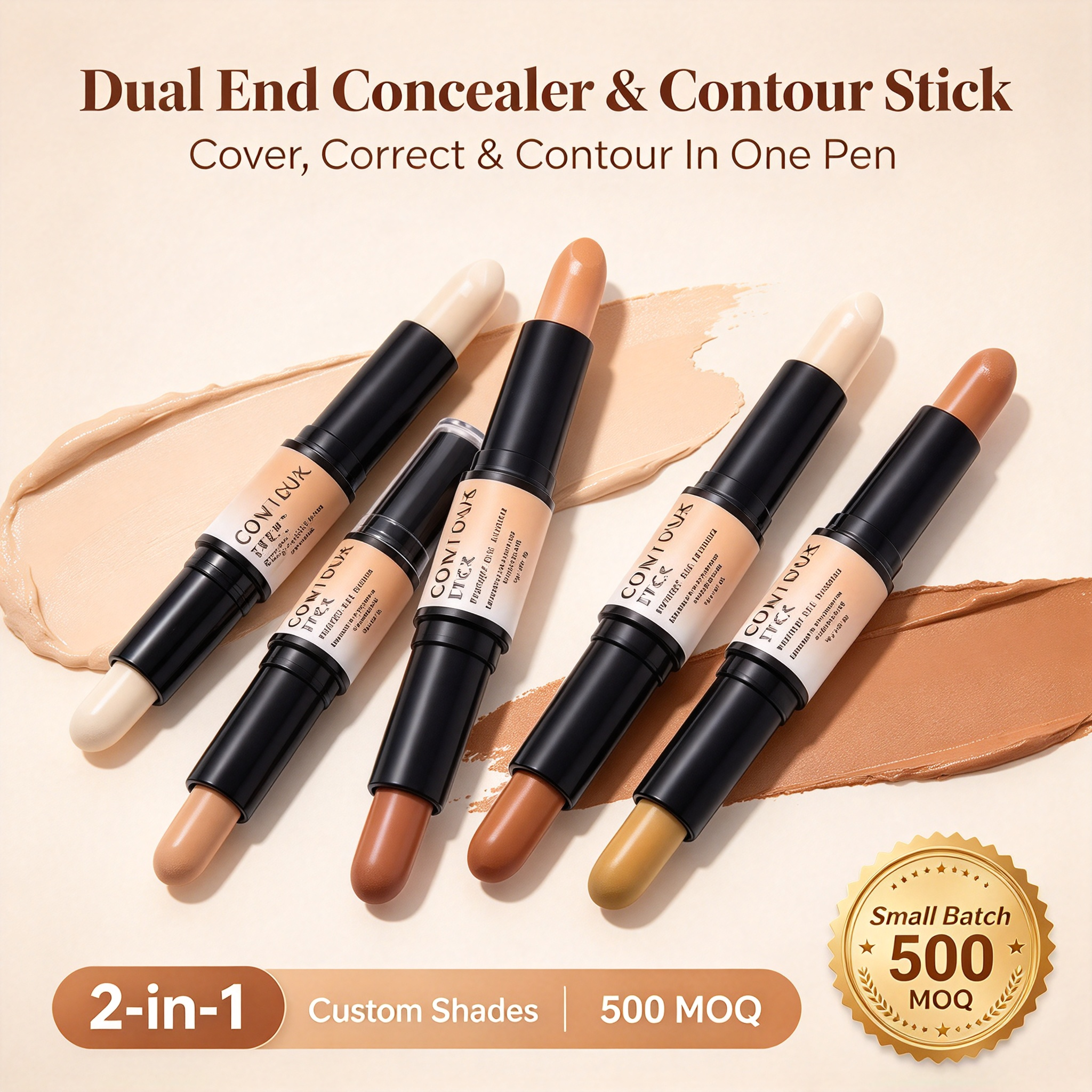 WHY-BEAUTY Private Label Dual Ended Contour & Concealer Stick, Full Coverage Brightening Waterproof Face Makeup Stick, ISO GMPC MSDS Halal Certified, OEM ODM Custom Logo, MOQ 500