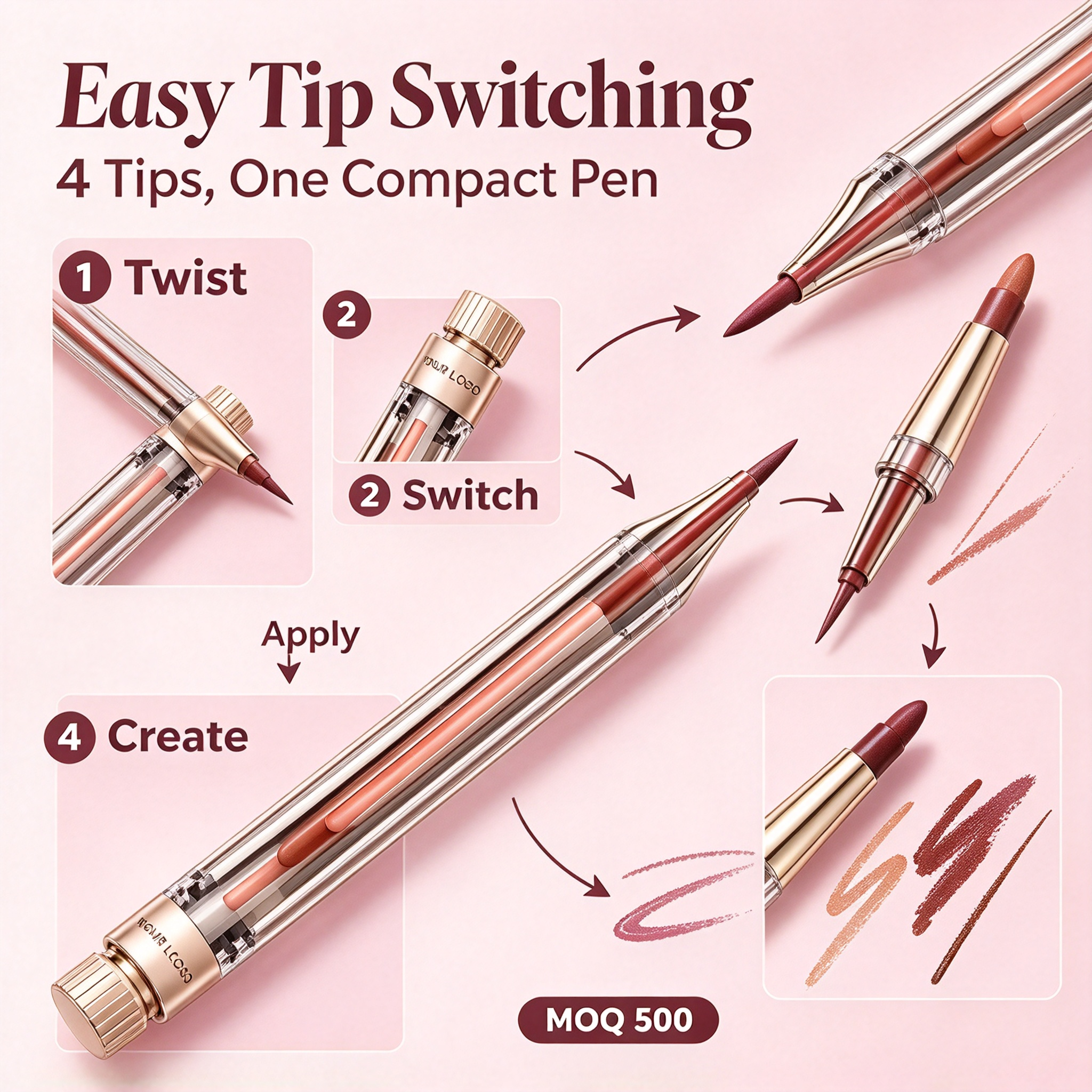 Whybeauty 4 In 1 Multi-function Makeup Pen Eyebrow Pencil Eyeliner Lip Liner Highlighter Private Label OEM ODM