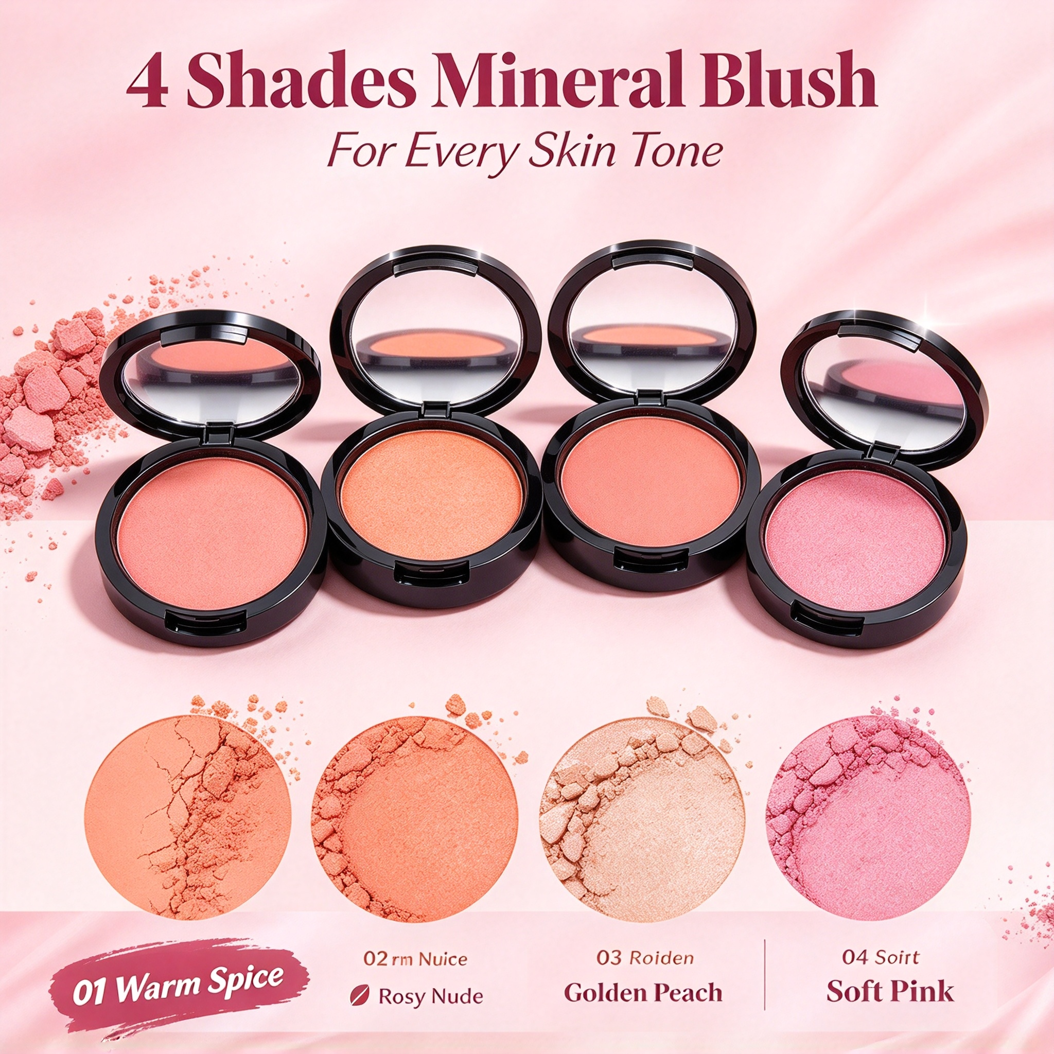 Private Label Mineralize Skin Finish Blush, 4 Shades Silky Texture Natural Glow Baked Blush, Vegan Cruelty Free With ISO GMPC MSDS Halal, Custom Cosmetics OEM ODM Small Batch MOQ500