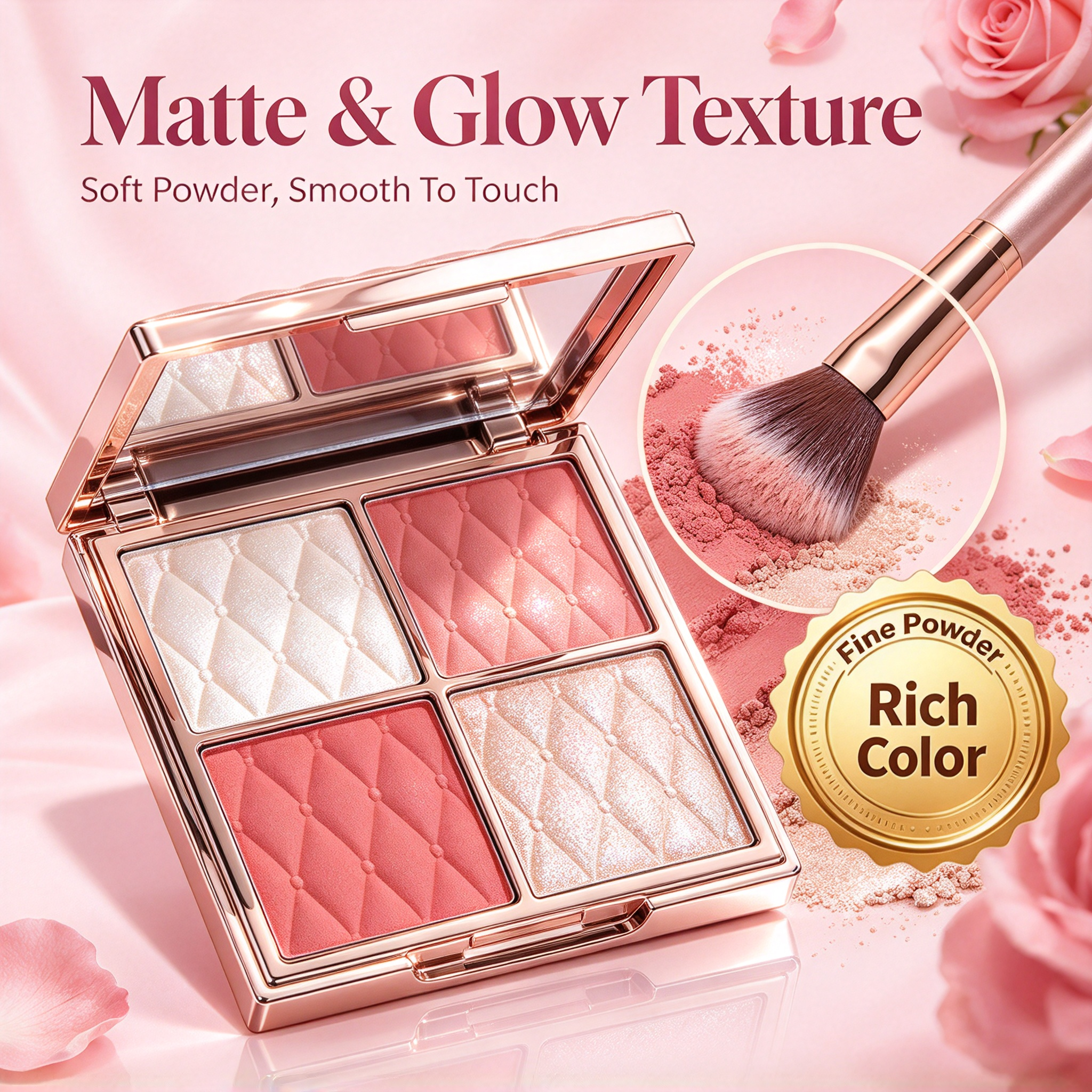 Private Label 4-in-1 Face Palette, Prime Blush Contour & Glow Makeup Palette, Matte & Shimmer Buildable Powder, Vegan Cruelty Free, ISO GMPC MSDS Halal, OEM ODM Small Batch MOQ500