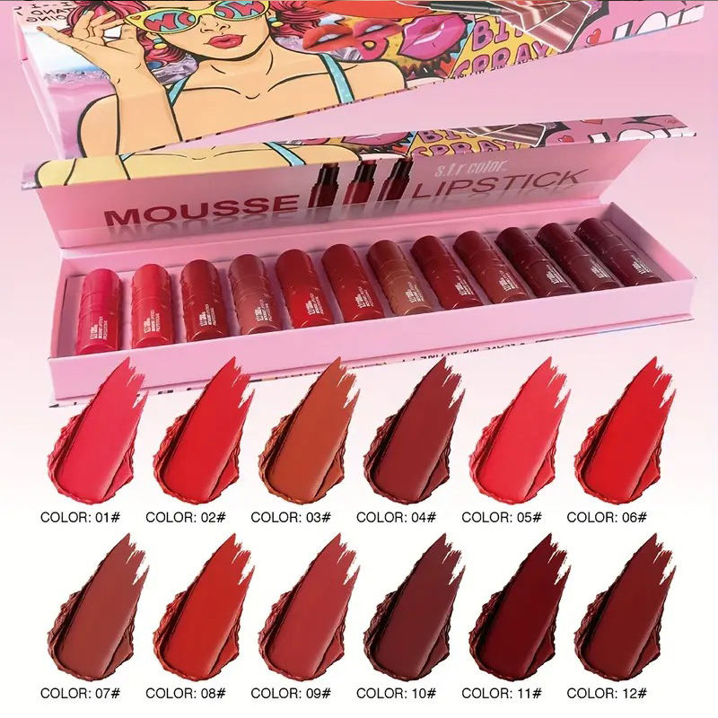 Hot Selling 12-Color Matte Lipstick Set Non-Stick Custom Label Makeup Fashion Wholesale Beauty OEM/ODM Cosmetic