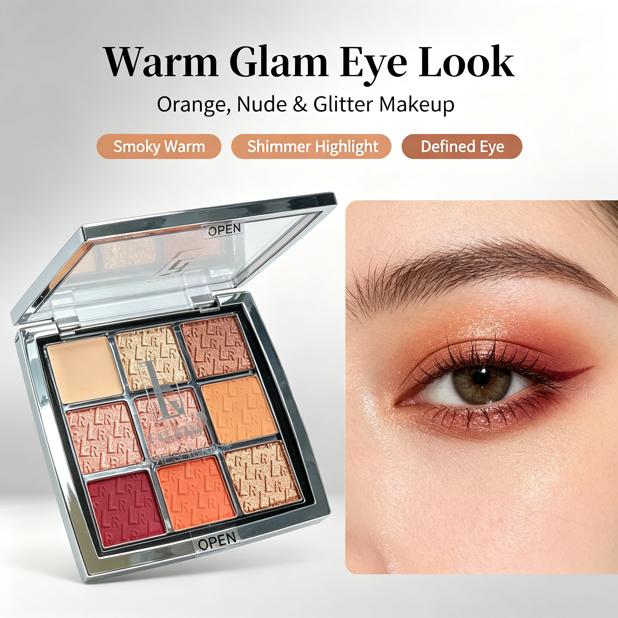 Private Label 9 Shades Eyeshadow Palette, Nude Orange Glitter Mix Eye Makeup, High Pigment Easy To Blend Buildable Color, Vegan Cruelty Free, ISO GMPC MSDS Halal, OEM ODM Small Batch MOQ500