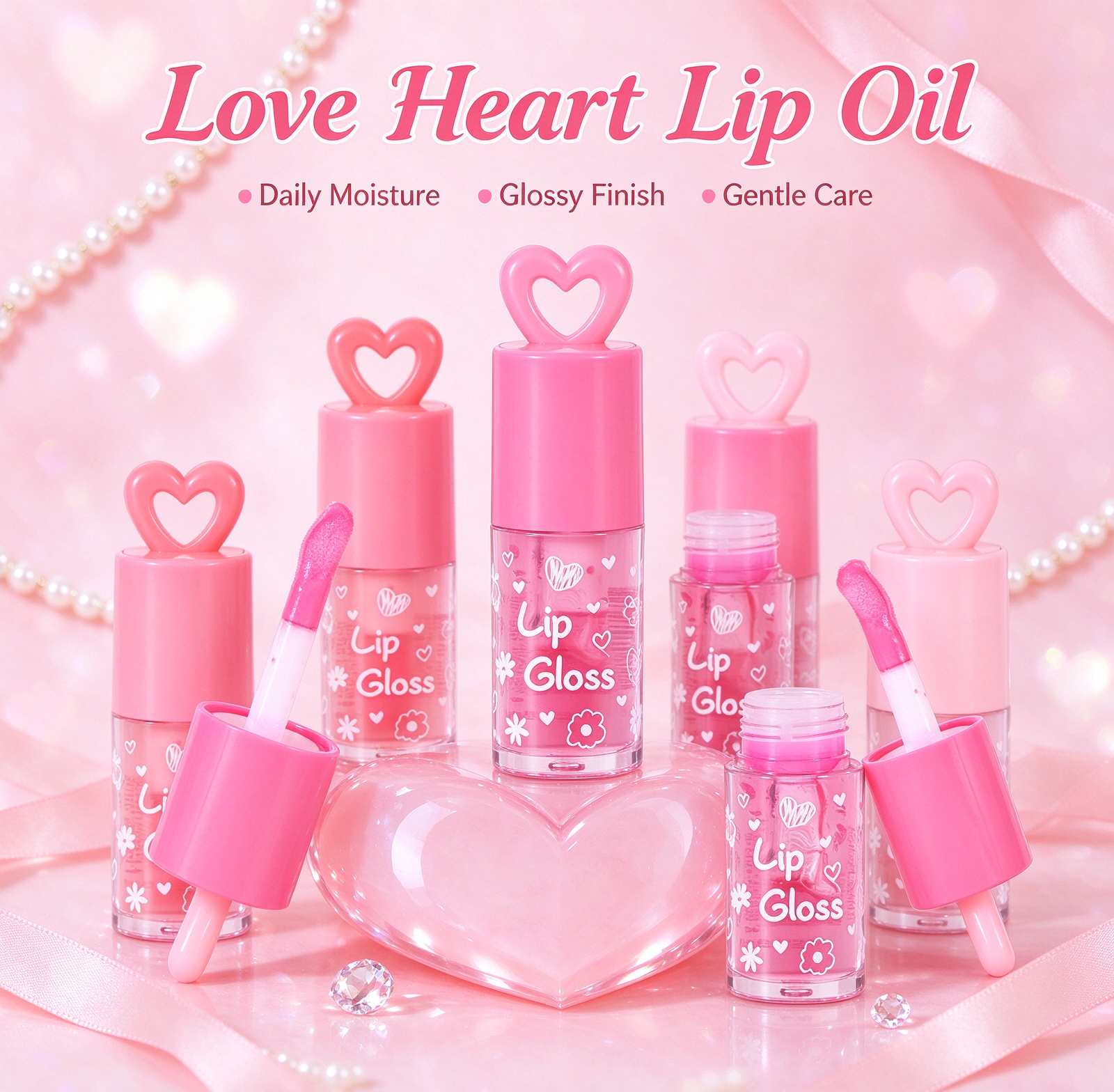 Private Label Love Heart Lip Gloss Daily Moisturizing Glossy Finish Gentle Lip Care Oil