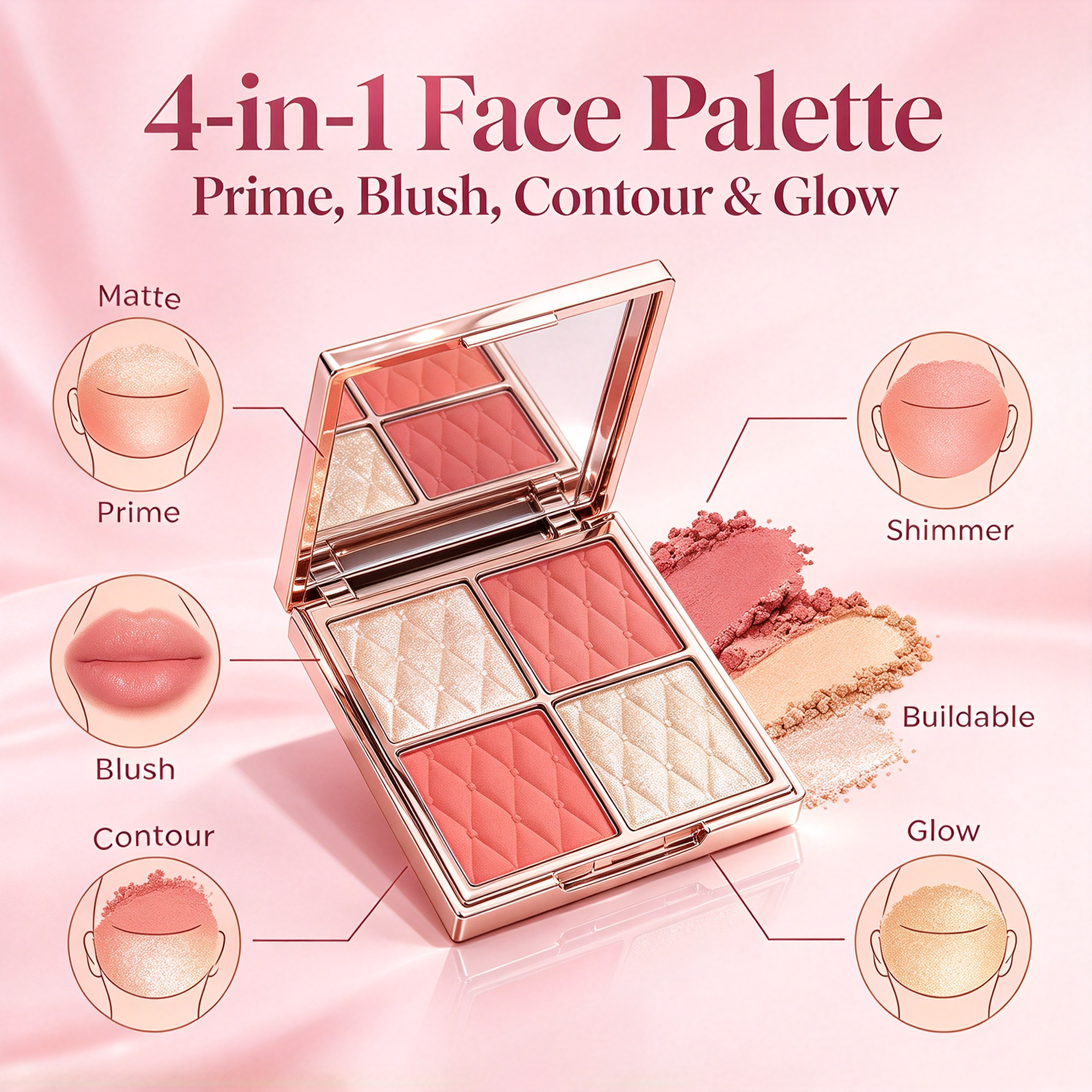Private Label 4-in-1 Face Palette, Prime Blush Contour & Glow Makeup Palette, Matte & Shimmer Buildable Powder, Vegan Cruelty Free, ISO GMPC MSDS Halal, OEM ODM Small Batch MOQ500