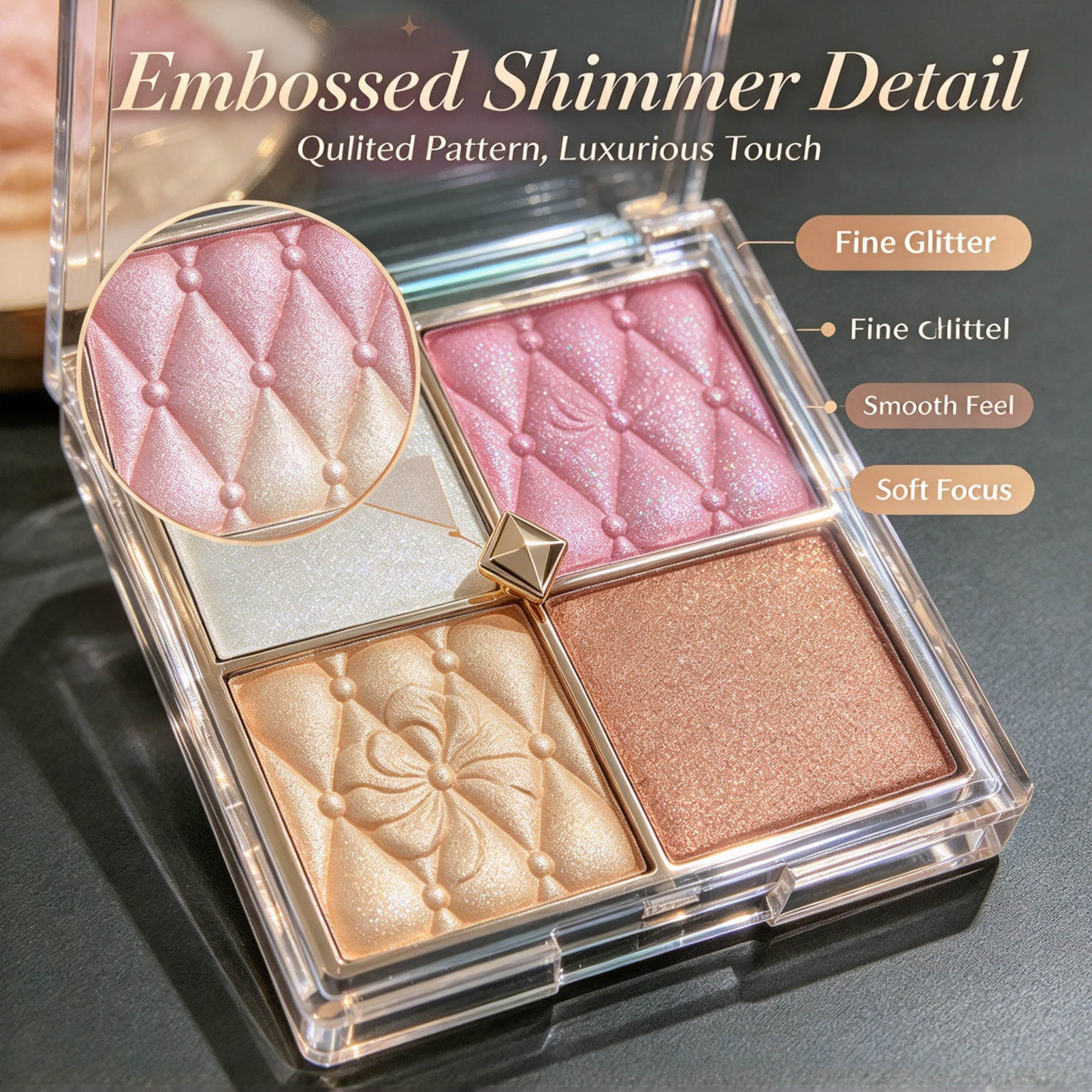 Whybeauty 4 Grid Highlighter Palette Champagne Rose Bronze Shimmer Powder Transparent Case Private Label OEM ODM Cosmetic