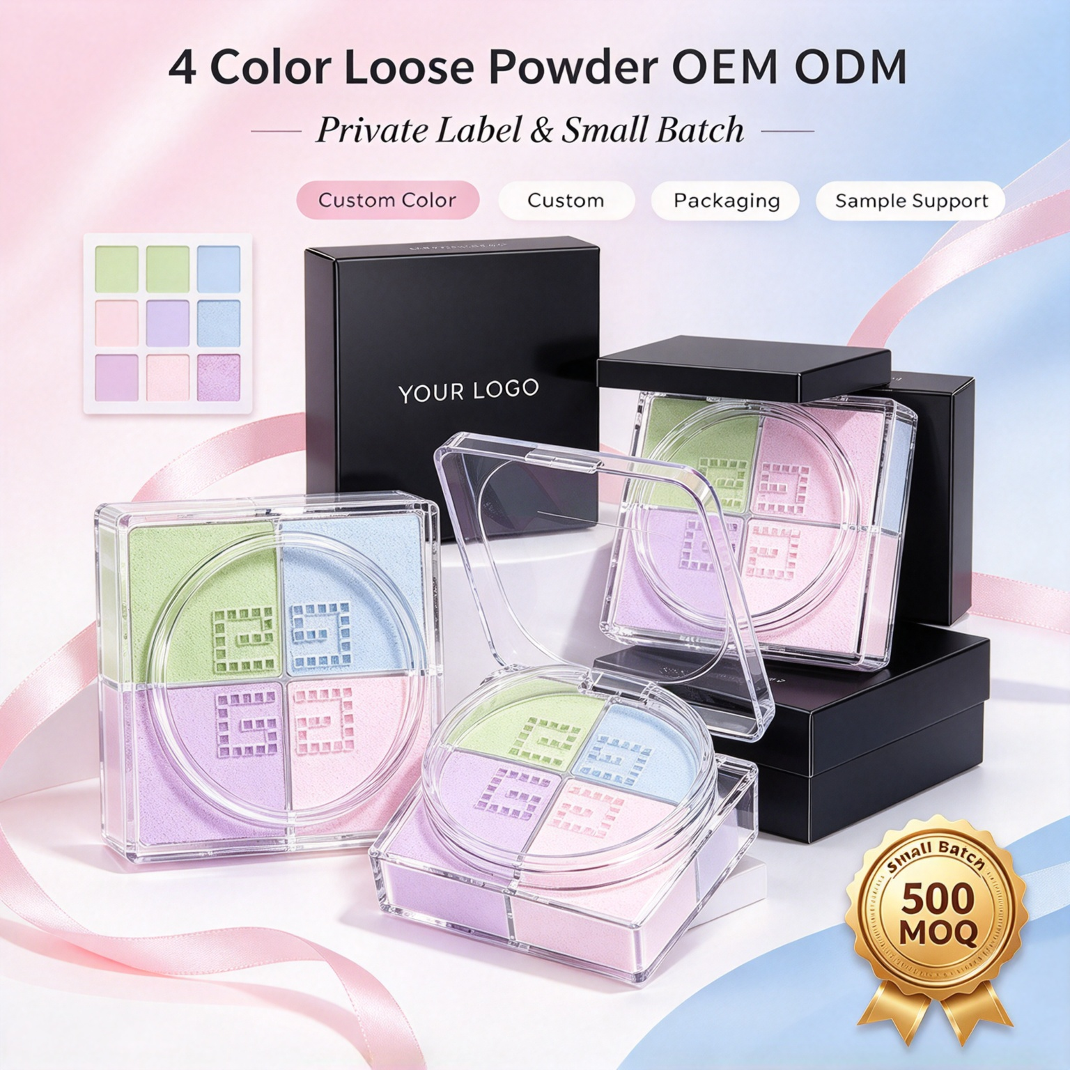 Private Label 4 Color Loose Setting Powder Ultra Fine Long Lasting Brighten Blur Face Powder Vegan With ISO GMPC MSDS Halal Custom Logo Cosmetic MOQ 500